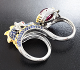 Серебряное кольцо на два пальца «Дракон» с рубином и синими сапфирами Серебро 925