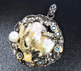 Серебряный кулон с жемчугом и синими сапфирами Серебро 925