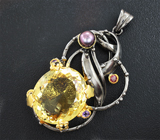 Серебряный кулон с цитрином, цветной жемчужиной, родолитом, аметистами и сапфирами Серебро 925