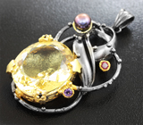 Серебряный кулон с цитрином, цветной жемчужиной, родолитом, аметистами и сапфирами Серебро 925