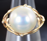 Золотое кольцо с крупной морской жемчужиной 16,25 карат и бриллиантами! Исключительный люстр Золото