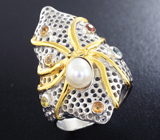 Оригинальное серебряное кольцо «Осьминог» с жемчужиной и разноцветными сапфирами Серебро 925