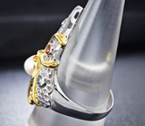 Оригинальное серебряное кольцо «Осьминог» с жемчужиной и разноцветными сапфирами Серебро 925