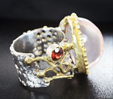 Серебряное кольцо с розовым кварцем и мозамбикским гранатом Серебро 925