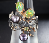 Серебряное кольцо c кристаллическими опалами, цветным жемчугом и цитринами Серебро 925