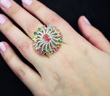 Эффектное серебряое кольцо с оранжевым сапфиром и разноцветными турмалинами Серебро 925