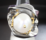 Серебряное кольцо с жемчужиной барокко и аметистами Серебро 925