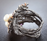Серебряное кольцо с жемчугом, перидотами и аметистами Серебро 925