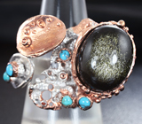 Серебряное кольцо с обсидианом и бирюзой Серебро 925