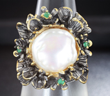 Оригинальное серебряное кольцо с жемчугом и изумрудами Серебро 925