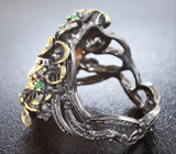 Оригинальное серебряное кольцо с жемчугом и изумрудами Серебро 925
