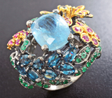 Серебряное кольцо с аквамарином, насыщенно-синими топазами, изумрудами и сапфирами Серебро 925