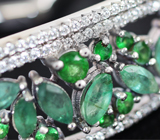 Серебряное кольцо на два пальца с изумрудами и цаворитами Серебро 925