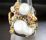 Серебряное кольцо с жемчугом, разноцветными сапфирами, цаворитами и родолитами Серебро 925