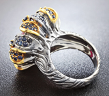 Серебряное кольцо с рубином, изумрудом и синими сапфирами Серебро 925