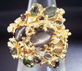 Золотое кольцо с александритами, хризобериллами 7,32 карат и бриллиантами Золото