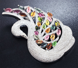 Великолепный крупный серебряный кулон «Лебедь» с разноцветными турмалинами Серебро 925