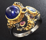 Серебряное кольцо с синими сапфирами и родолитами Серебро 925
