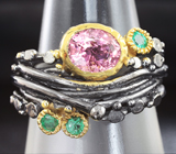 Серебряное кольцо с розовым турмалином и изумрудами Серебро 925