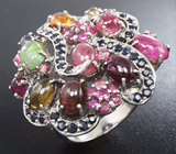 Превосходное серебряное кольцо с разноцветными турмалинами, рубинами и синими сапфирами Серебро 925