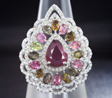 Великолепное серебряное кольцо с рубином и разноцветынми турмалинами Серебро 925