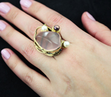 Серебряное кольцо с розовым кварцем и жемчугом Серебро 925