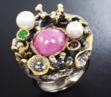 Серебряное кольцо с розовым и синими сапфирами, жемчугом, диопсидом и гранатом Серебро 925