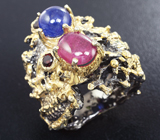 Серебряное кольцо с рубином, синим сапфиром и гранатами Серебро 925