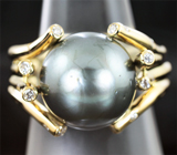 Золотое кольцо c крупной морской жемчужиной со стальным отливом 12,42 карат с Таити и бриллиантами! Отличный люстр Золото