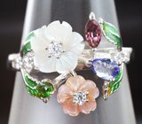 Чудесное серебряное кольцо с танзанитом, гранатами и цветной эмалью Серебро 925