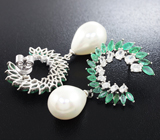 Эффектные серебряные серьги с жемчугом и изумрудами Серебро 925