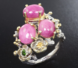 Серебряное кольцо с розовыми сапфирами, цитрином и диопсидом Серебро 925