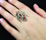 Изысканное серебряное кольцо с родолитом и разноцветными турмалинами Серебро 925