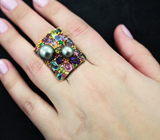 Серебряное кольцо с цветным жемчугом и самоцветами Серебро 925