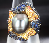 Серебряное кольцо с цветной жемчужиной и разноцветными сапфирами Серебро 925