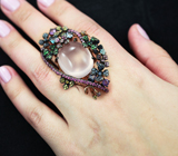 Серебряное кольцо с розовым кварцем, аметистами, танзанитами, топазами, разноцветными сапфирами и цаворитами Серебро 925