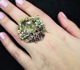 Серебряное кольцо с кварцем, родолитами, розовыми сапфирами, перидотами и изумрудами Серебро 925