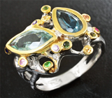 Серебряное кольцо с аквамаринами, цаворитом и разноцветными сапфирами Серебро 925