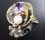 Серебряное кольцо с аметистом и жемчужиной Серебро 925