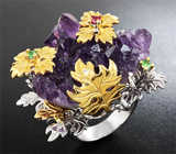 Серебряное кольцо с друзой аметиста, сапфиром и цаворитами Серебро 925