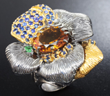 Серебряное кольцо с цитрином, синими сапфирами и цаворитом Серебро 925