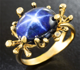 Золотое кольцо со звездчатым сапфиром 7,49 карат и бриллиантами Золото