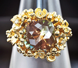 Золотое кольцо с орегонским солнечным камнем топовой огранки 3,87 карат и бриллиантами Золото