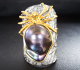 Серебряное кольцо «Паук» с цветной жемчужиной Серебро 925