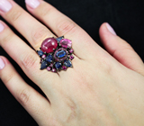 Серебряное кольцо с рубином, розовыми и синими сапфирами Серебро 925