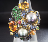 Серебряное кольцо с цветным жемчугом, цитринами, цаворитами и разноцветными сапфирами Серебро 925