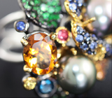 Серебряное кольцо с цветным жемчугом, цитринами, цаворитами и разноцветными сапфирами Серебро 925