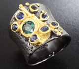 Серебряное кольцо с апатитом и синими сапфирам Серебро 925