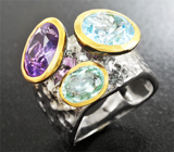 Серебряное кольцо с  аметистом, голубым топазом и зеленым бериллом Серебро 925