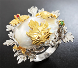 Серебряное кольцо с жемчугом барокко, цаворитом и рубином Серебро 925